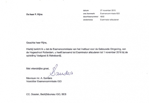 Frans Rijns benoemd tot ‘Extern examinator’ aan de Hogeschool Rotterdam