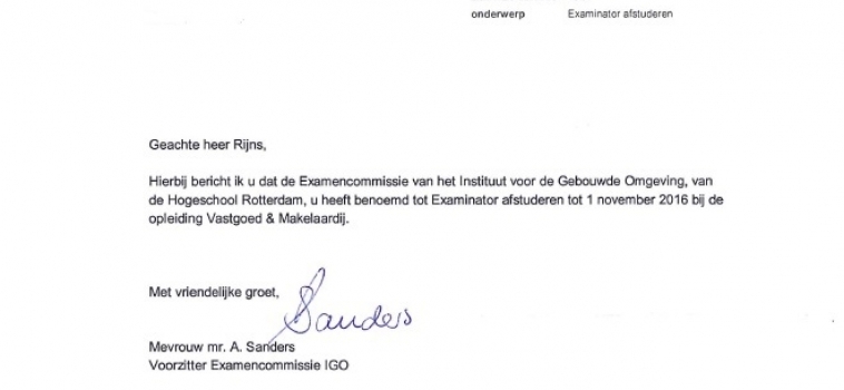Frans Rijns benoemd tot ‘Extern examinator’ aan de Hogeschool Rotterdam